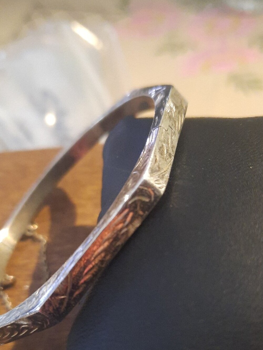Sterling Silver Hexagonal Bangle Bracelet with Safety Chain - Silver - Picture 2 of 3